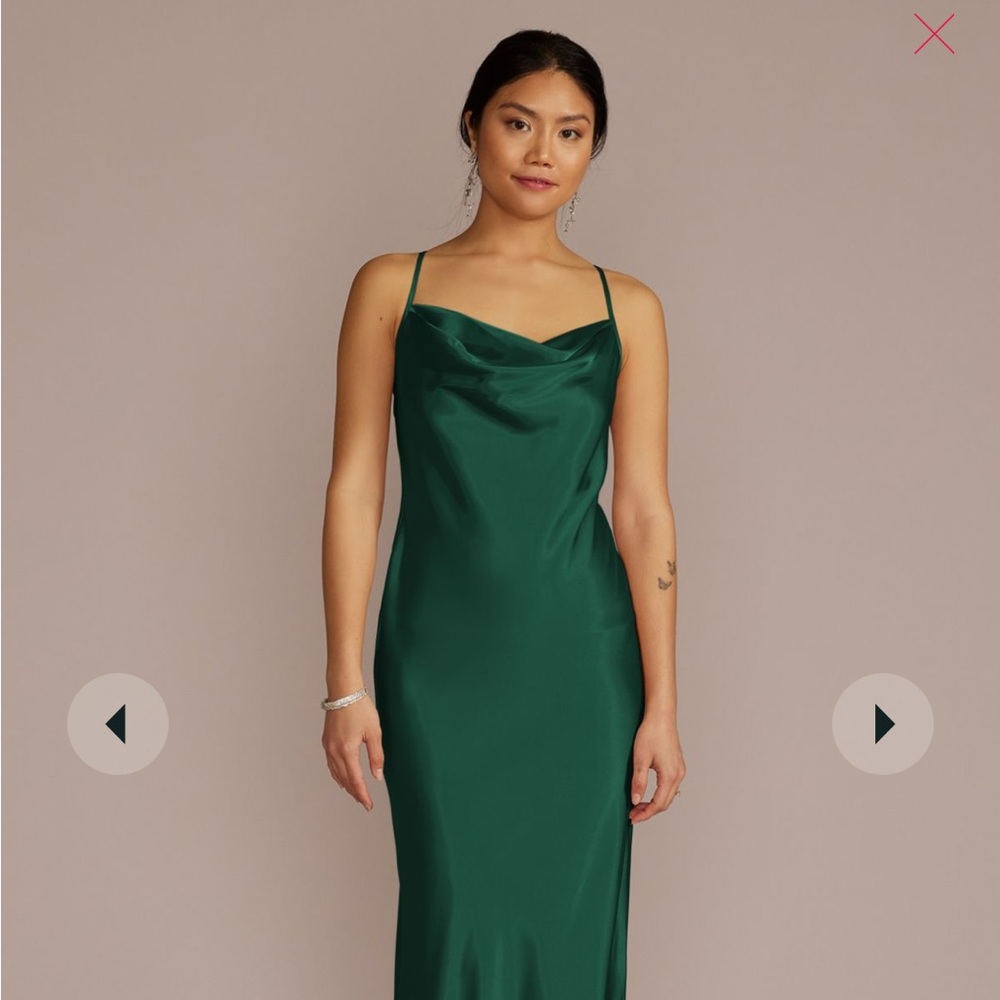 charmeuse cowl neck David’s bridal bridesmaid dress in Juniper